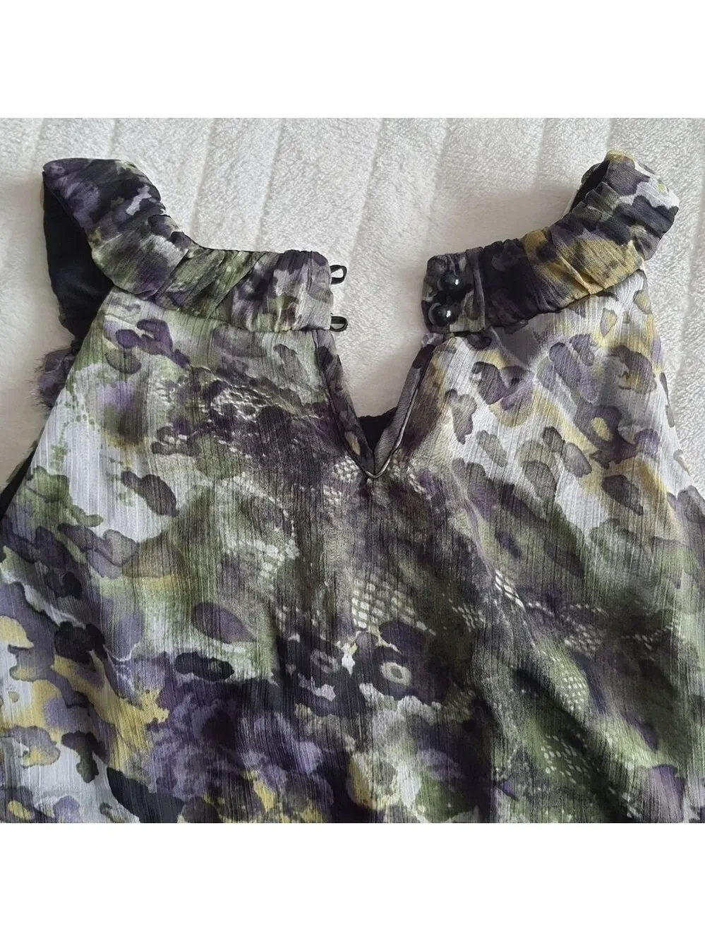 BCX Halter Top Camo Watercolor Smocked Waist Juniors XL Green Yellow